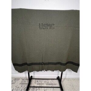 Vintage USMC Embroidered Wool Field Blanket Green Stripe 74” long x 59” wide